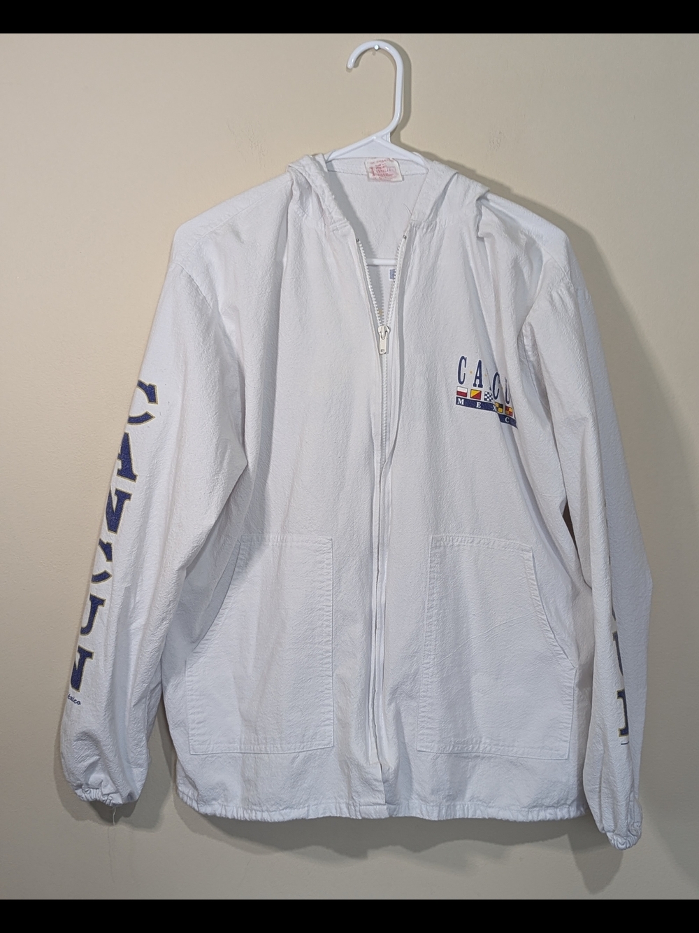 Vintage Cancun Mexico Windbreaker Jacket White Hooded Zip Up Travel Beach Medium